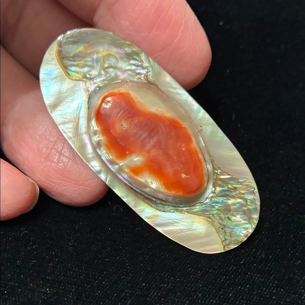 Vintage Iridescent Abalone Shell Brooch with Red Center